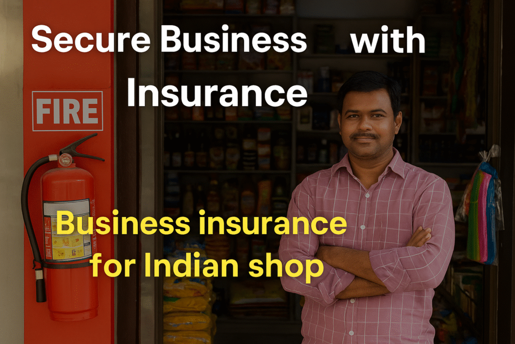 Indian businessman showing insurance shield icon with office in background – RJ Smart Finance