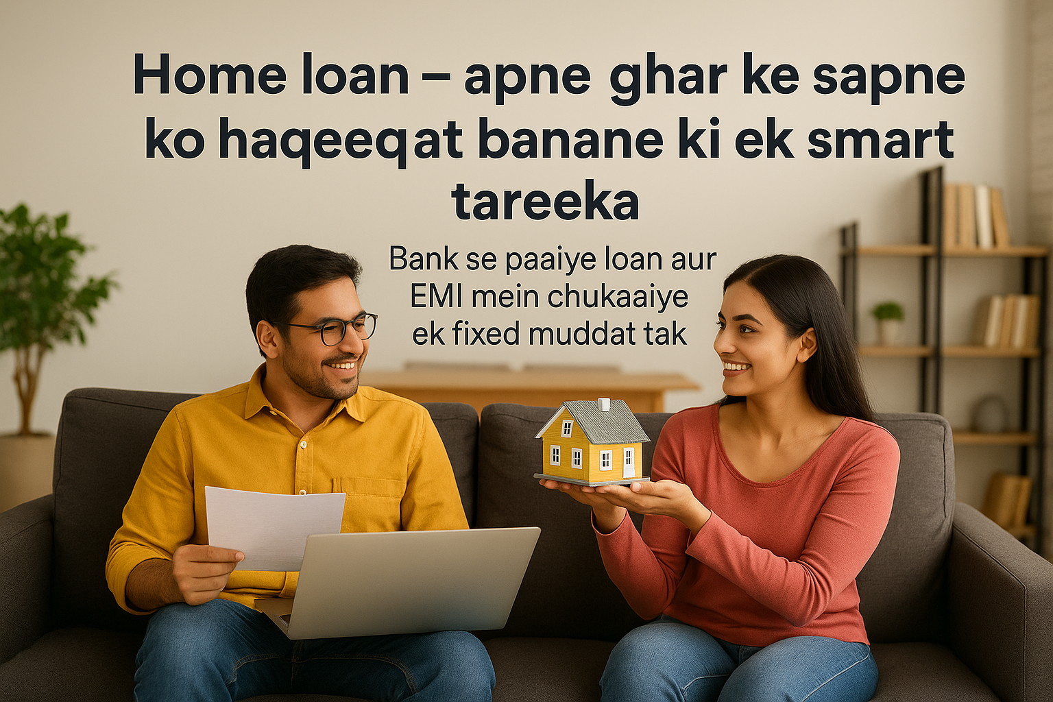 South Asian couple smiling while discussing home loan options, sitting in a cozy living room. The man holds a laptop and documents, while the woman presents a miniature model house, with Hindi caption about smart home loan benefits.